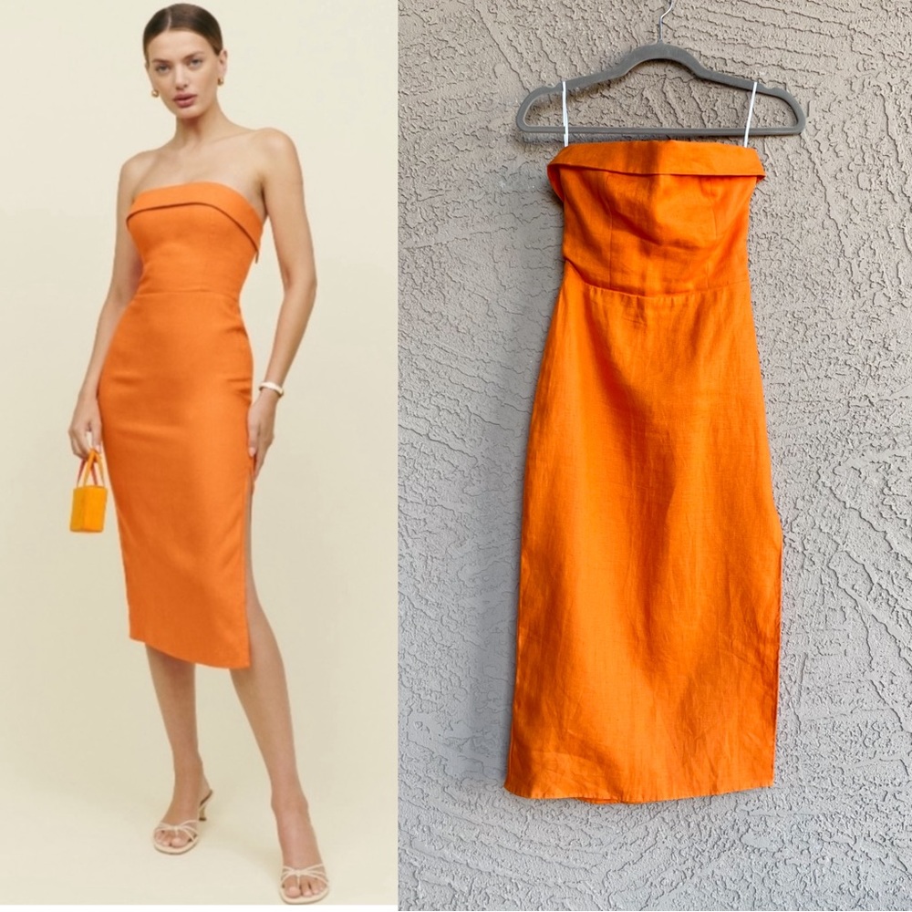 REFORMATION 100% Linen Orange Strapless Marcella Midi Dress w/ Slit 0 - Picture 6 of 15